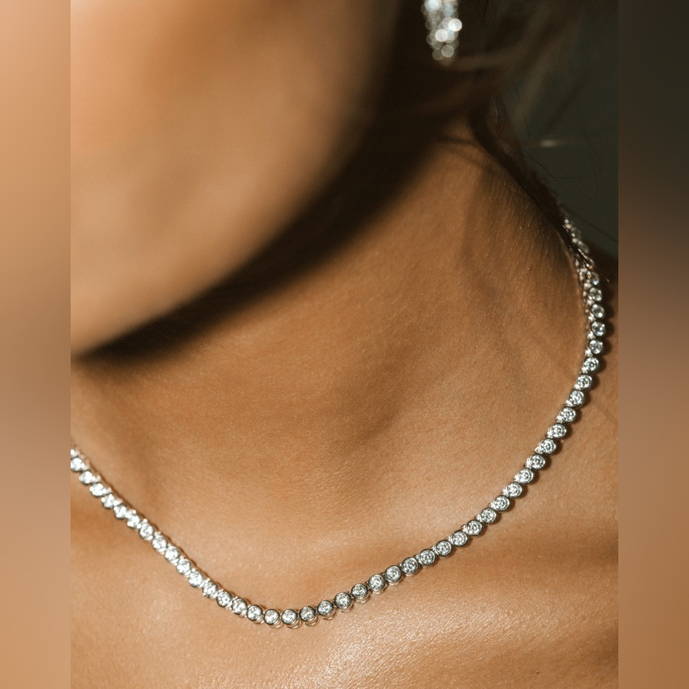New white Gold Plated Bezel CZ Tennis Necklace | 16.5” Sparkly Choker
